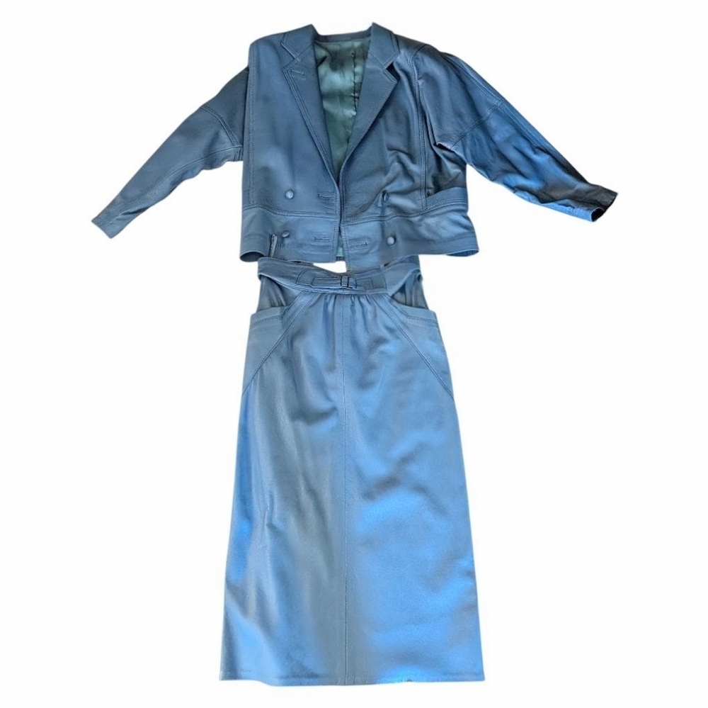 Vintage 1980s Penny Genuine Leather Skirt Suit | Colonial Blue | EUC